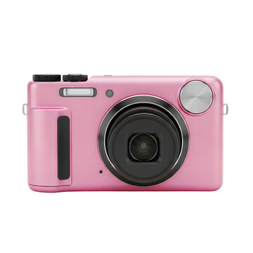 A pink digital camera with a large lens