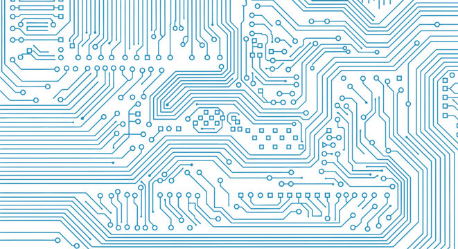 Blue Circuit Board Pattern with Electronic Components and Wiring.