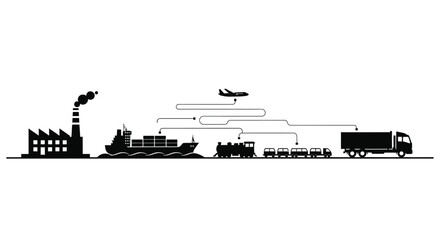 Obraz premium Silhouetted depiction of various transportation methods and industrial buildings high quality