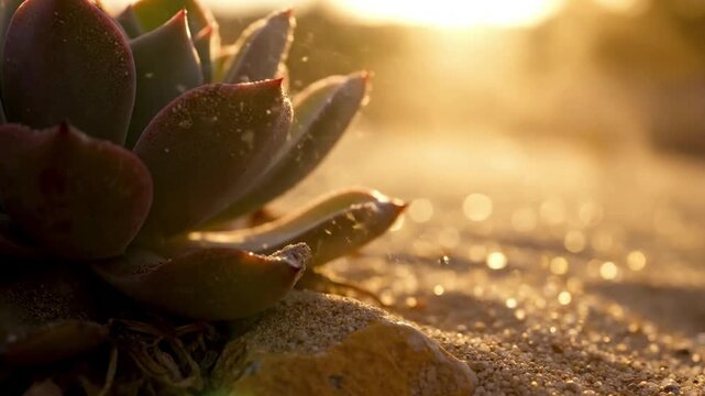 Golden Hour Refraction Focus on the magical optical effects of light at dawn or dusk, creating shimmering heat haze and subtle atmospheric distortions above the desert surface.