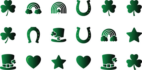 Fototapeta premium St Patricks Day icons set with green shamrocks horseshoes rainbows stars hearts and leprechaun hats for luck and celebration various decorative elements