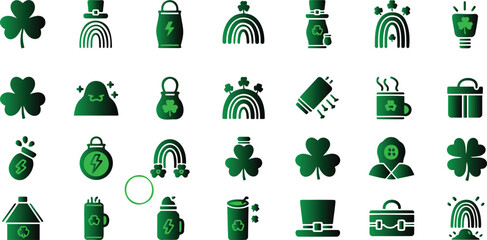 Fototapeta premium St Patricks Day icons set with shamrocks rainbows and leprechaun hats on white background
