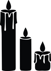 Obraz premium Three black silhouette candles with melting wax and flames on transparent background for decoration and ambiance simple iconic graphic design elements