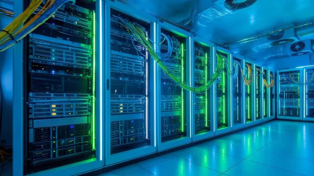 Data center server room with glowing racks and network cables, showcasing modern internet and quantum technology