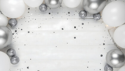 Celebratory Balloons: A festive collection of white and silver balloons create a cheerful and celebratory atmosphere. Balloons decorate and create party scene. 