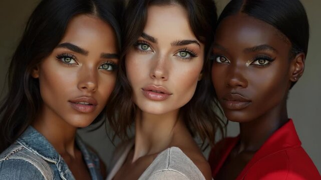 Women friends with different skin types fashion editorial shot, high-fashion imagery, avant-garde aesthetics, editorial storytelling, conveying fashion trends and concepts, artistic i.