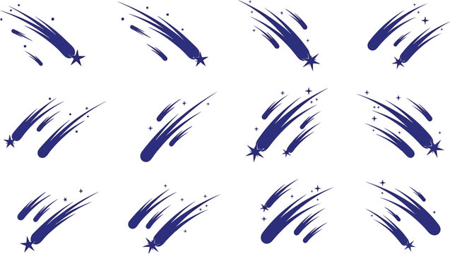 Dark blue curved shooting star vector icon collection