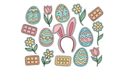 Easter eggs, bunny, flowers, and chocolates