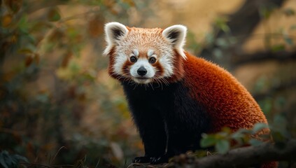 Naklejka premium Red Panda Sits Among Trees in Forest During Autumn Season in Daylight
