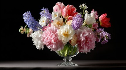 Dark floral still life with spring flowers arranged in a glass vase against a deep background with side lighting and shadows