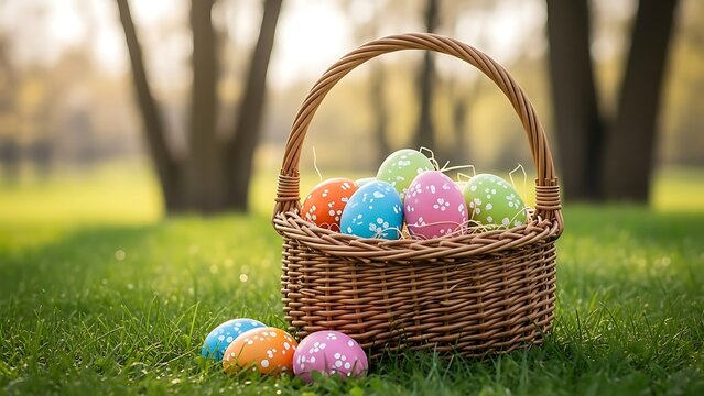 Easter basket filled with colorful eggs on green grass