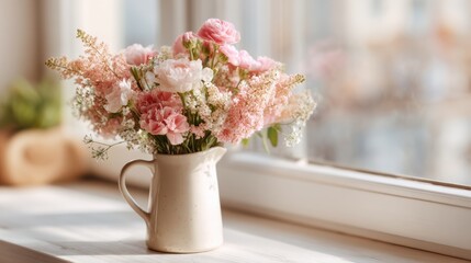 Spring bouquet in a rustic jug sits on a bright kitchen windowsill filled with sunlight and warm atmosphere in morning hours