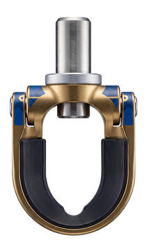 Brass oarlock with a U-shaped bracket.