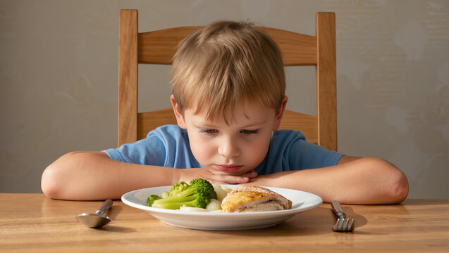 Sad little boy looking at plate with broccoli and chicken. Child refusing healthy food and picky eating behavior concept.