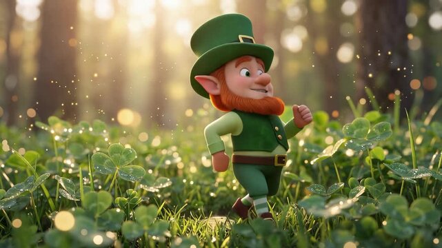 A cheerful 3d leprechaun character dancing in a sunlit clover field. Magical atmosphere with golden sparkles, sun rays, and soft bokeh in a lush forest background.