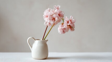 Minimal still life of spring flowers in a small ceramic jug with plain background and soft light for a clean composition