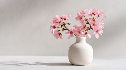 Delicate spring florals in a small vase on light stone surface with bright studio light