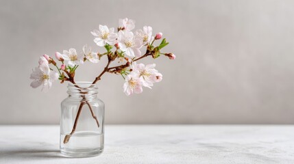 Spring florals with delicate blossoms in a small vase on a light stone surface under bright diffused light