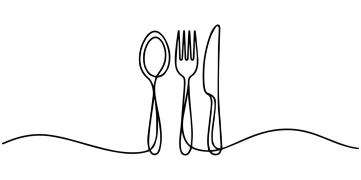 Spoons, Forks, Knife, Eating Utensils continuous one line drawing, Minimalist cutlery set with a spoon, knife, and fork drawn in a single continuous line for food related branding, restaurant logos