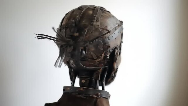 Intricate Steampunk Robot Head Sculpture with Detailed Metalwork and Humanoid Features.