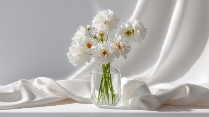 Fresh white flowers in a clear vase on a white backdrop bringing spring vibes inside