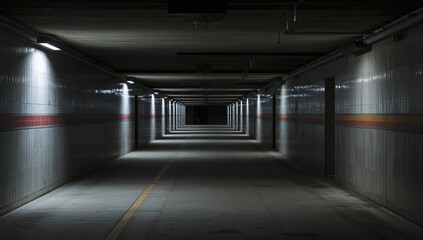 Obraz premium Long Corridor With Lights and Shadows in a Parking Garage at Night