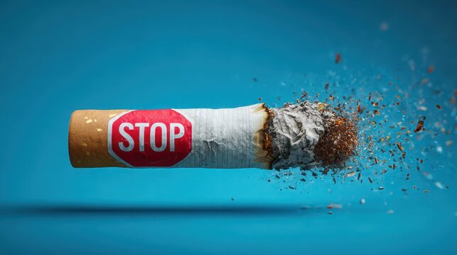 Cigarette with a stop sign disintegrating against a blue background, smoking cessation concept.