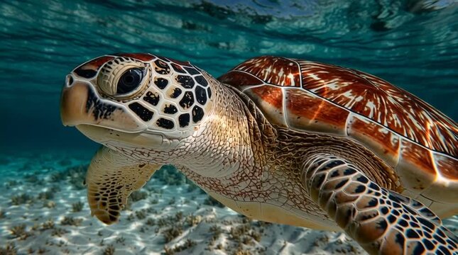 Green sea turtle swimming over a sand seabed in shallow blue ocean receiving sunlight