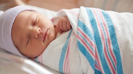 Newborn baby sleeping peacefully wrapped in a hospital blanket  