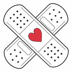 Two adhesive bandages crossed in an "X" shape, with a red heart at the center. It symbolizes healing, care, and emotional recovery, blending the universal imagery of bandages with the warmthof a heart