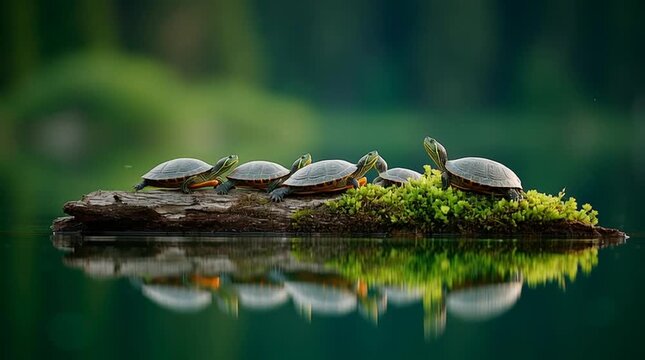 Several turtles lined up on a mossy log floating in calm water with a clear forest reflection.