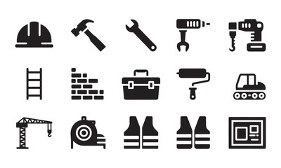 Construction Tools Icons Set with Hard Hat, Hammer, Wrench and Drill, Ladder, Bricks, Toolbox, Crane, and Safety Cones on White Background