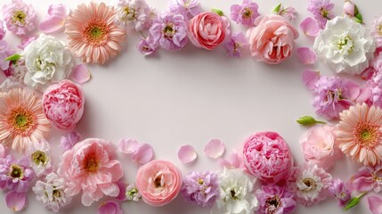 Bright spring flowers arranged in a flat lay with empty space for text in the center