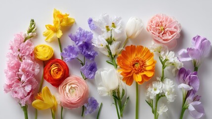 Spring flowers arranged in a balanced composition on a white background with space for text in the center