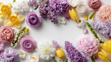 Spring flowers arranged in a flat lay with vibrant colors on a white background for creative use