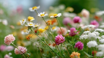 Bright blooms fill the field with various flowers swaying in the gentle breeze during a sunny day