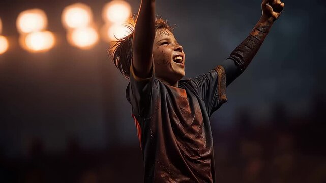 Child celebrates victory after playing soccer in a muddy field during dusk with lights shining in the background