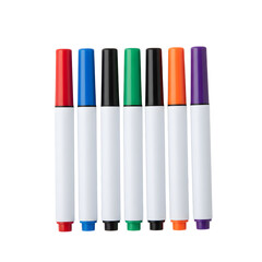 Set of seven vibrant colorful markers with white barrels and colored caps, ideal for school supplies, professional art equipment, and creative drawing tools on a transparent background.
