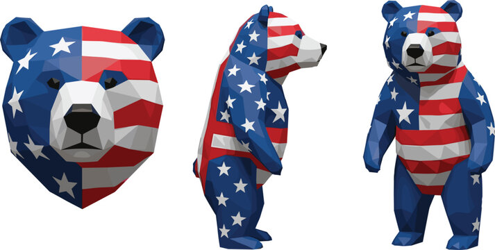 Low Poly Bear with American Flag Texture Vector Illustration Patriotic USA Animal Symbol for Independence Day and National Pride Design
