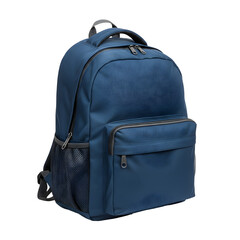 Durable navy blue school backpack featuring multiple zippered compartments and a mesh side pocket, ideal for students or travelers, isolated on a transparent background for commercial design.
