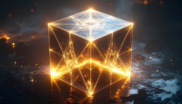 Cubo luminoso de geometr&iacute;a sagrada con red dorada y reflejo sobre superficie oscura