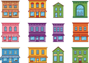 Collection of colorful flat vector building icons featuring various small business storefronts shops and cafes isolated on white background.