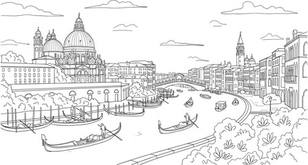 Detailed black and white line art sketch illustration of Venice city landscape featuring gondolas floating on the grand water canal. © Fuad Creatives 