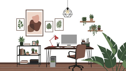 Modern home office interior design with comfortable workspace, computer desk, ergonomic chair, bookshelves, wall art, and indoor potted green plants. © Fuad Creatives 