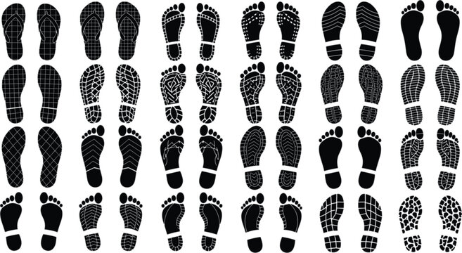 Large collection of black human footprints and shoe sole silhouettes with various tread patterns for tracking and evidence design vector isolated.