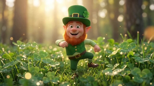 A cheerful 3d leprechaun character dancing in a sunlit clover field. Magical atmosphere with golden sparkles, sun rays, and soft bokeh in a lush forest background.