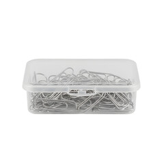 A transparent plastic storage box filled with many silver metal paper clips, perfect for organizing office supplies and stationery on a desk, isolated on a transparent background.