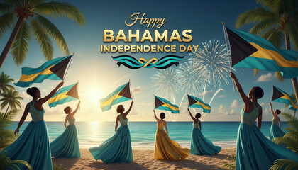 Happy Bahamas Independence Day Celebration on Tropical Beach with People Waving Flags