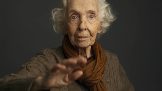 Portrait of an elderly woman with white hair looking into the camera and raising her hand in a stop gesture against a dark background