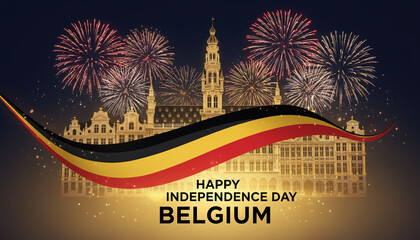 Happy Belgian Independence Day Celebration with Flags and Grand Place Background